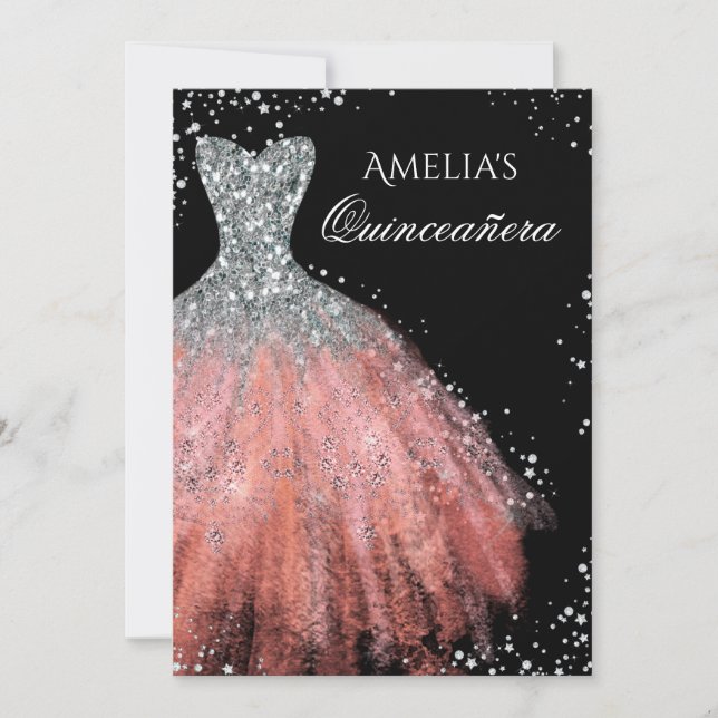 Gnistra Dress Silver Rosa Quinceanera-inbjudan Inbjudningar (Framsida)