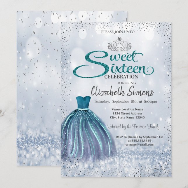 Gnistra Dress,Tiara Princess Bokeh Sweet 16 Inbjudningar (Fram/baksida)