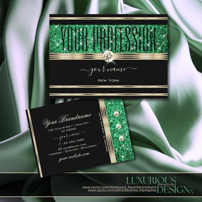 Gnistra Emerald Grönt Glitter Diamonds Guld Black Visitkort (Skapare uppladdad)