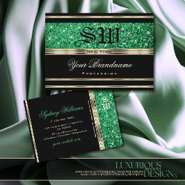 Gnistra Emerald Grönt Glitter Monogram Guld Black Visitkort