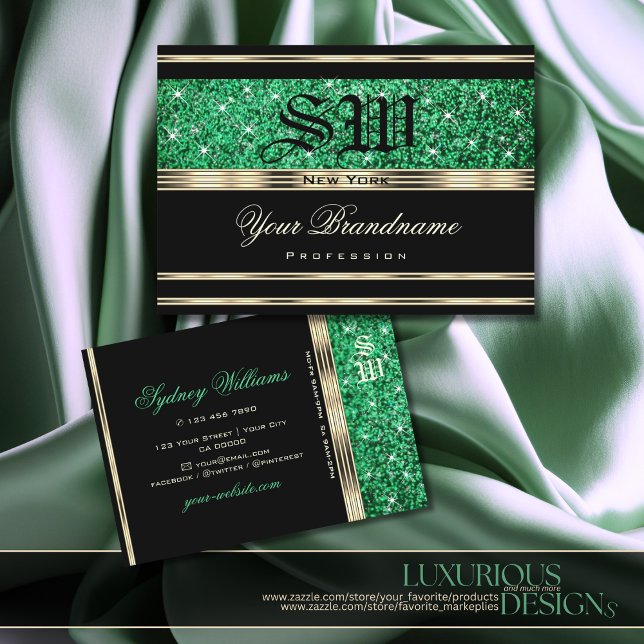 Gnistra Emerald Grönt Glitter Monogram Guld Black Visitkort (Skapare uppladdad)