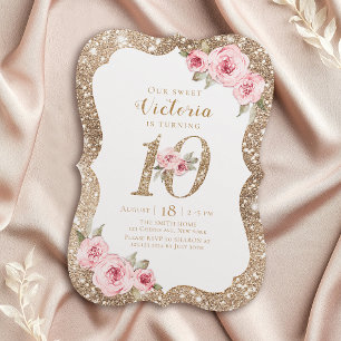 Gnistra Faux guld glitter och blommigt 10 födelsed Inbjudningar