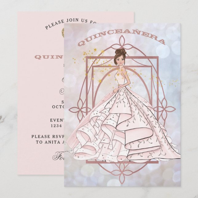 Gnistra Formell Rosa och Guld Updo Inbjudningar (Fram/baksida)