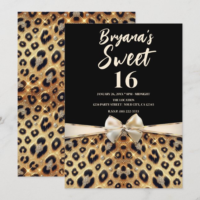 Gnistra Glam Guld Black Leopard Print Sweet 16 Inbjudningar (Fram/baksida)