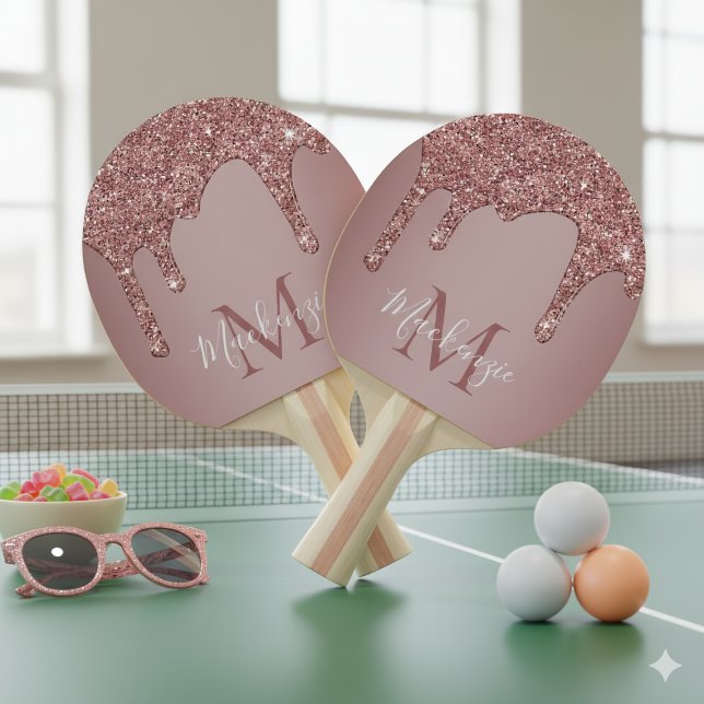Gnistra Glam Ro Guld, Glitter Monogram Pingisracket (Sparkle Glam Rose Gold Dripping Glitter Monogram Ping Pong Paddles)