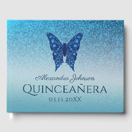 Gnistra Glitter Blue Blommigt Butterfly Quinceaner Gästböcker