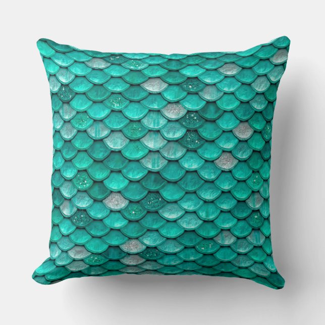Gnistra Glitter Grönt Aqua Sjöjungfru Scales Kudde (Framsida)