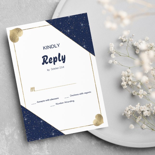 Gnistra glitter OSA vid marinblått guld Inbjudningar (Navy blue gold heart sparkle glitter RSVP )