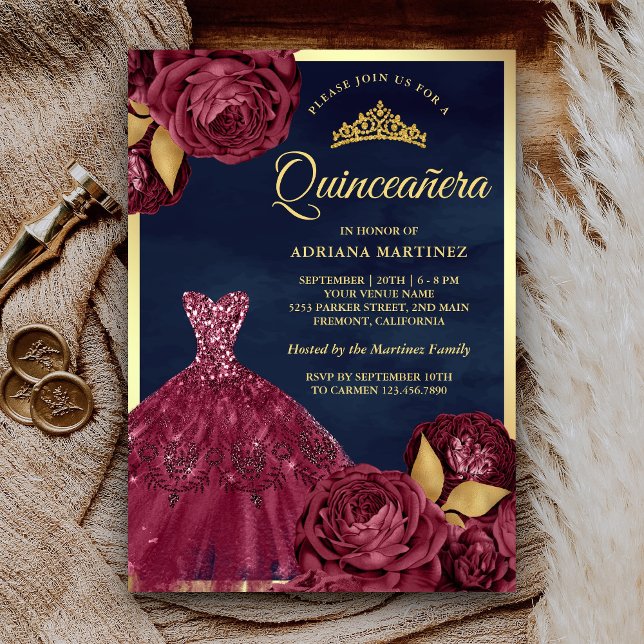 Gnistra Gown Burgundy Blommigt Navy Guld Quinceane Inbjudningar (Skapare uppladdad)