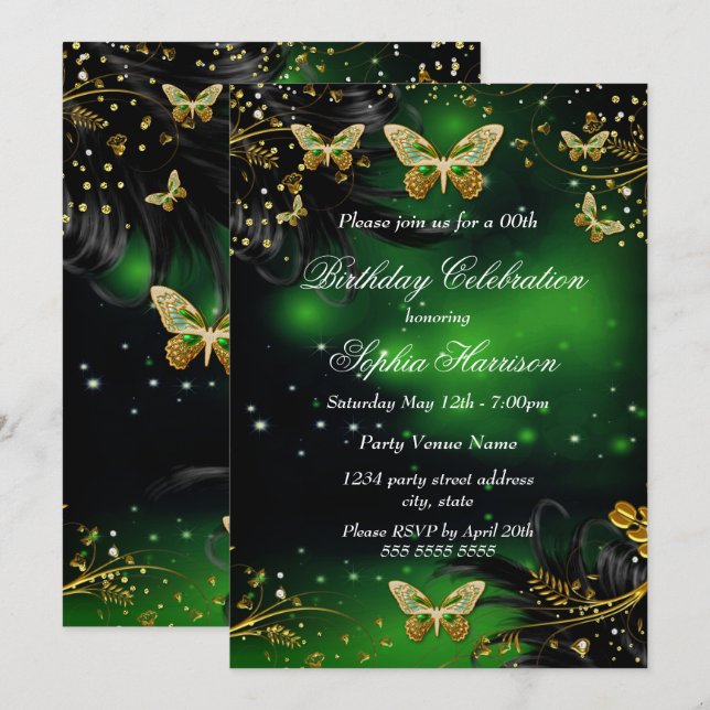 Gnistra Grönt Guld Butterfly Födelsedagsfest Inbjudningar (Fram/baksida)