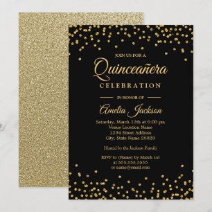 Gnistra Guld Black Confetti Quinceanera-inbjudan Inbjudningar