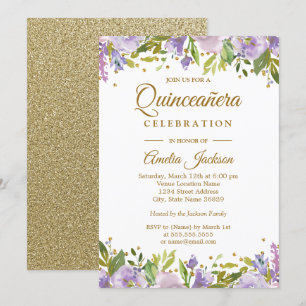 Gnistra Guld Blommigt Lila Quinceanera Inbjudan