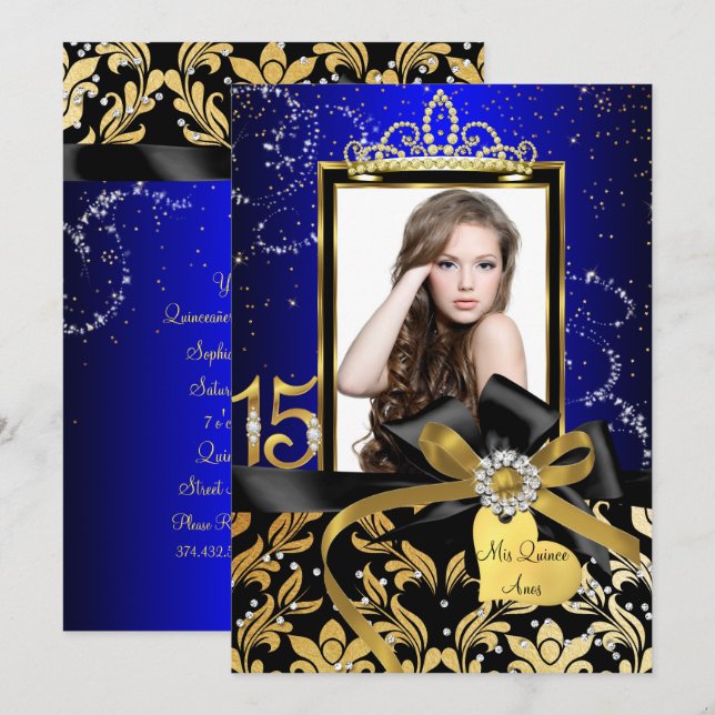 Gnistra Guld Blue Damask Bow Photo Quinceanera Inbjudningar (Fram/baksida)
