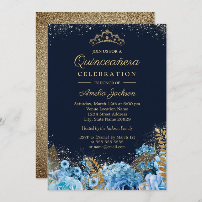 Gnistra Guld Blue Glitter blommigt Quinceanera 15: Inbjudningar (Fram/baksida)