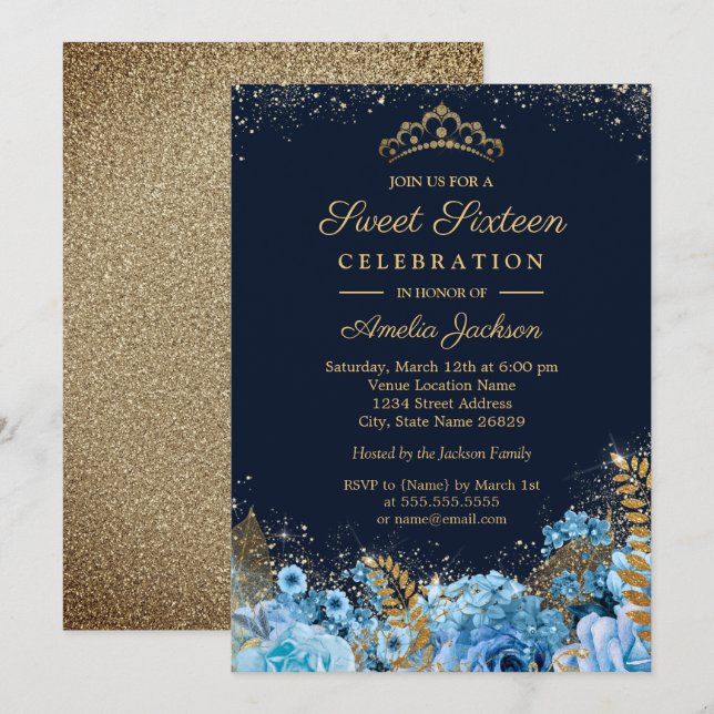Gnistra Guld Blue Glitter blommigt Sweet sixteen Inbjudningar (Fram/baksida)