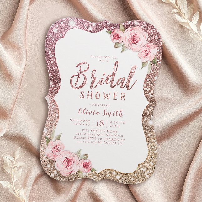 Gnistra guld glitter och blommigt möhippa ro inbjudningar (Sparkle rose gold glitter and floral bridal shower invitation)