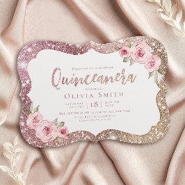 Gnistra guld glitter och blommigt Quinceanera Inbjudningar
