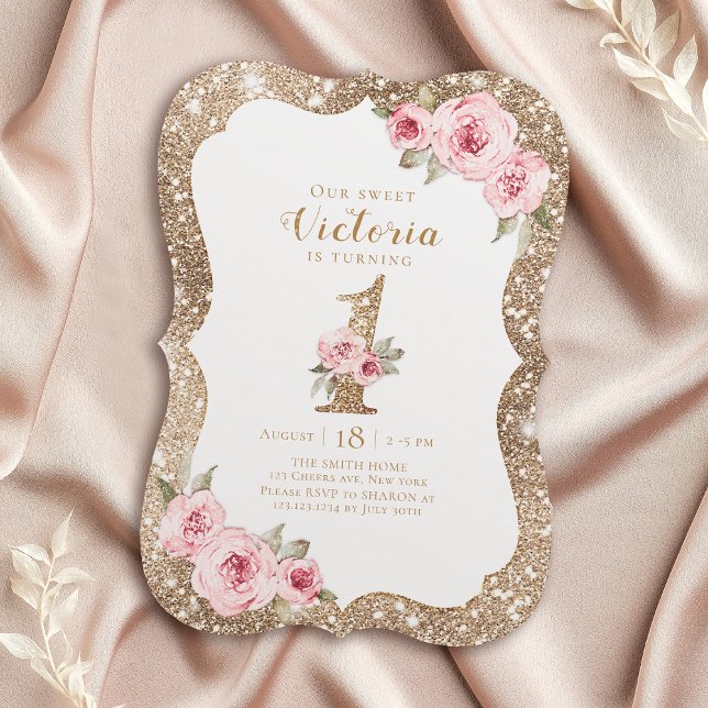 Gnistra guld glitter och rosa blommigt 1:a årsdage inbjudningar (Sparkle gold glitter and pink floral 1st birthday invitation)