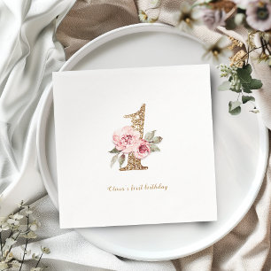 Gnistra guld glitter och rosa blommigt 1:a årsdage pappersservett