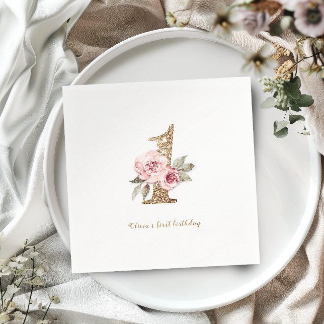 Gnistra guld glitter och rosa blommigt 1:a årsdage pappersservett (Sparkle gold glitter and pink floral 1st birthday napkins)