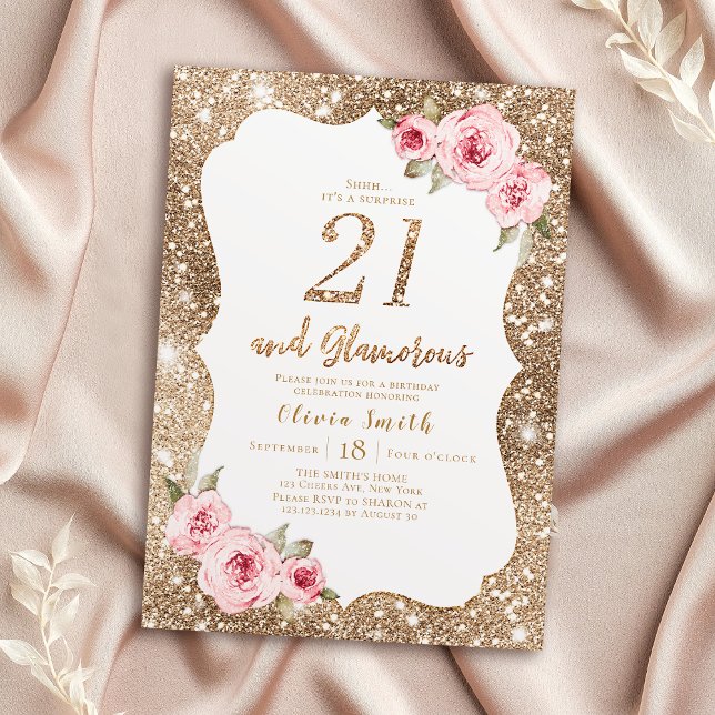 Gnistra guld glitter och rosa blommigt 21:a födels inbjudningar (Sparkle gold glitter and pink floral 21st birthday invitation)