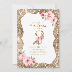 Gnistra guld glitter och rosa blommigt 2 födelseda inbjudningar