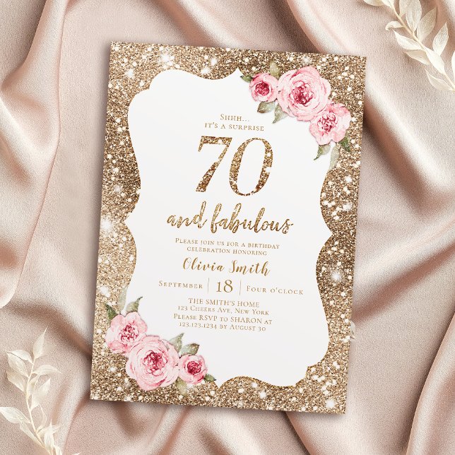 Gnistra guld glitter och rosa blommigt 70 födelsed inbjudningar (Sparkle gold glitter and pink floral 70th birthday invitation)