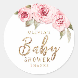 Gnistra guld glitter och rosa blommigt babydusch f runt klistermärke