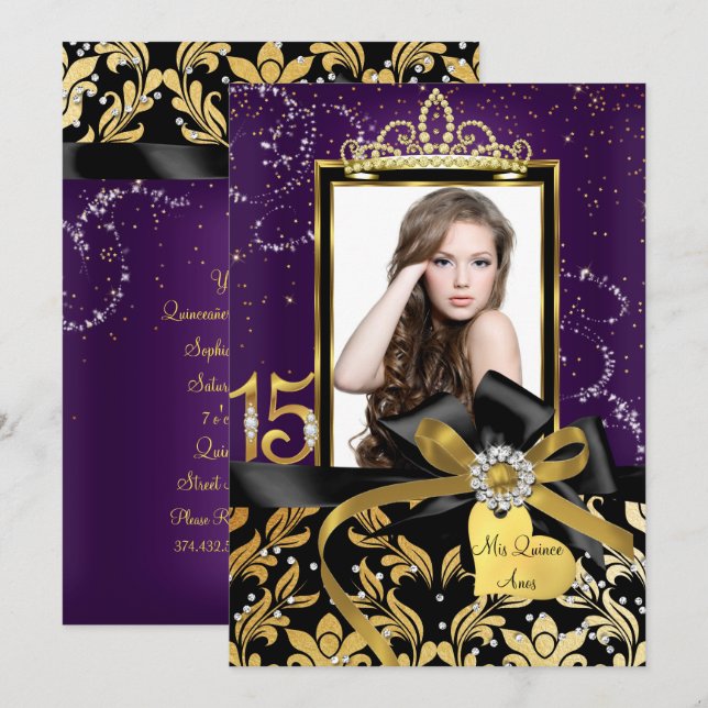 Gnistra Guld Lila Damask & Bow Photo Quinceanera Inbjudningar (Fram/baksida)