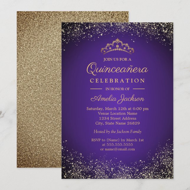 Gnistra Guld Lila Glitter Quinceanera 15:e Inbjudningar (Fram/baksida)