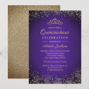 Gnistra Guld Lila Glitter Quinceanera 15:e Inbjudningar