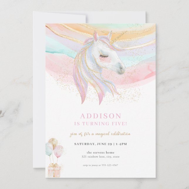 Gnistra Guld & Pastel Unicorn Birthday-inbjudan Inbjudningar (Framsida)