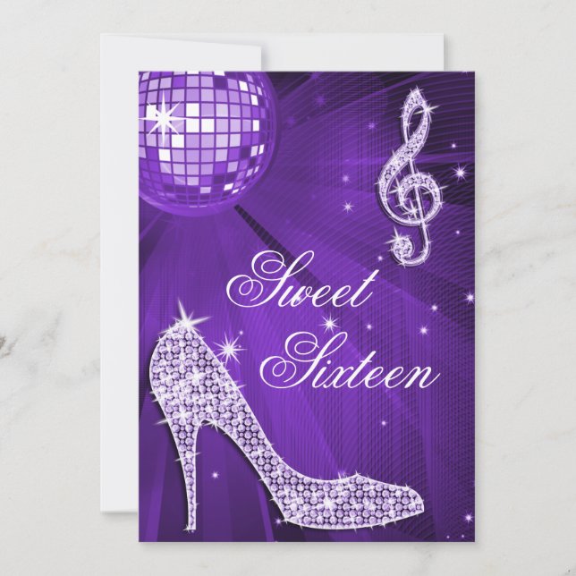 Gnistra Heels and Lila Disco Boll Sweet 16 Inbjudningar (Framsida)