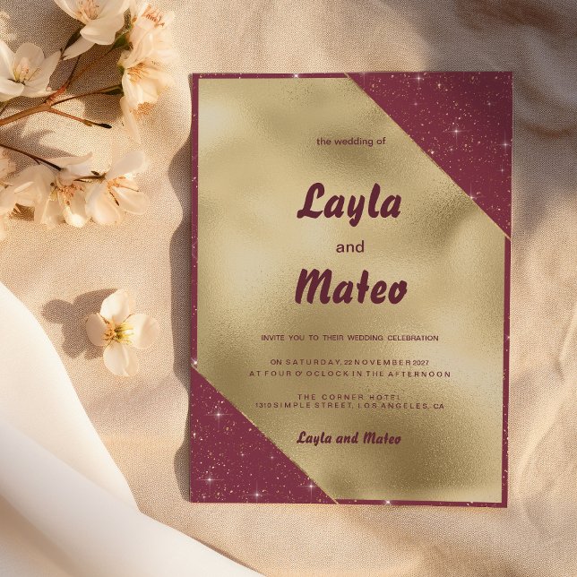 gnistra i guld, burgundi glitter Bröllop Inbjudningar (Gold heart sparkle burgundy glitter Wedding)