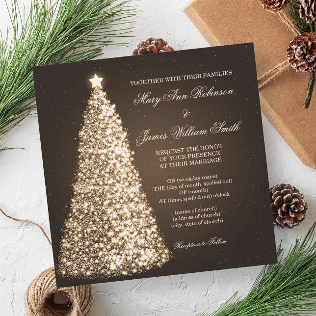 Gnistra jul Bröllop Guld Inbjudningar (Sparkle Christmas Wedding Gold Invitation)