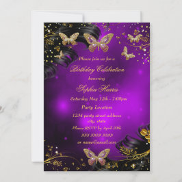 Gnistra lila Guld Black Butterfly Födelsedagsfest Inbjudningar