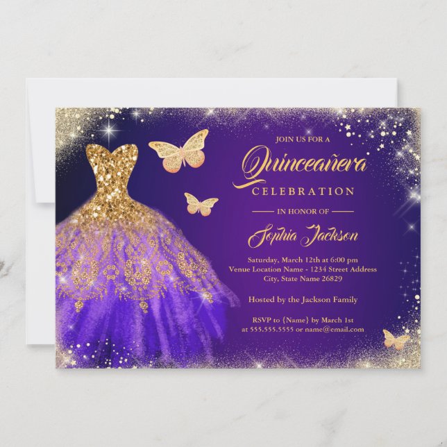 Gnistra Lila Guld Dress Butterfly Quinceanera Inbjudningar (Framsida)