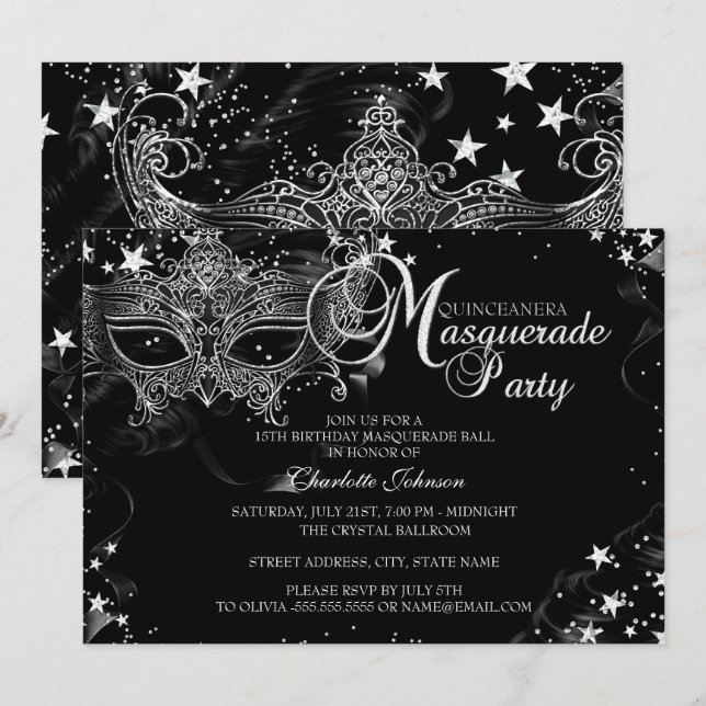 Gnistra Mask Star Night Masquuppad Quinceañera Inbjudningar (Fram/baksida)