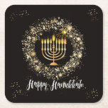 Gnistra Menorah Hanukkah Underlägg Papper Kvadrat<br><div class="desc">Hanukkah party med guld-menorah och silver och guld-gnistor mot svart bakgrund.</div>