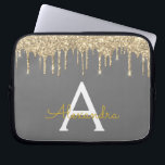 Gnistra Monogram för kol-Grått-Guld-Glitter Laptop Fodral<br><div class="desc">Grått (Grått) och Guld Faux Dripping Modern och Elegant Girly Glitter och Gnistra Elegant Monogram Fodral. Fodral kan anpassas så att det omfattar ditt första och första namn.</div>