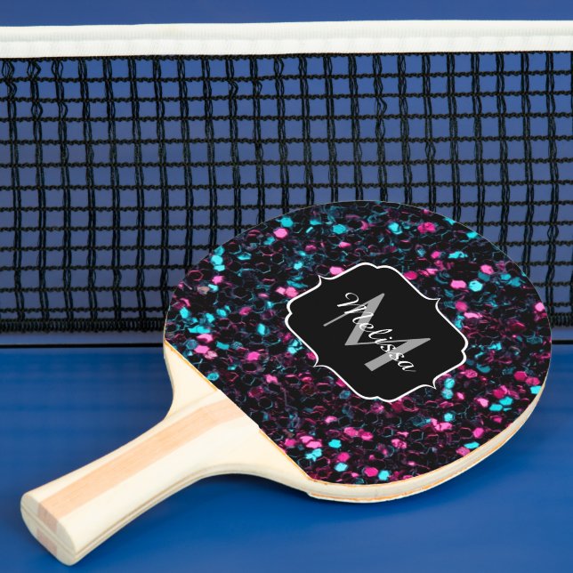 Gnistra Monogram för Sparkly rosa Blue mosaic glit Pingisracket (Insitu)