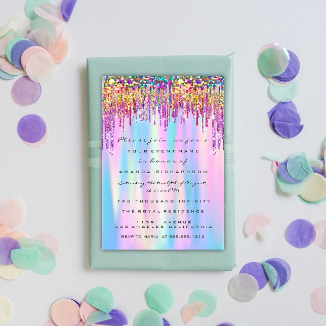 Gnistra och Shine med regnbåge Glitter Drip Möhipp Inbjudningar (Rainbow Glitter Drip Bridal Sweet 16th Holographic Invitation)