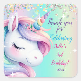 Gnistra Pastel Rainbow Unicorn Birthday-inbjudan Fyrkantigt Klistermärke