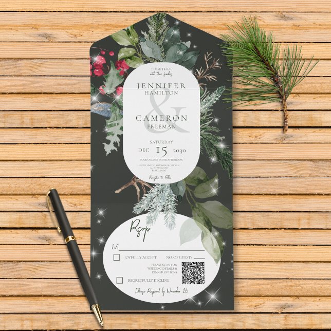 Gnistra QR för Rustic Black Gräs & Holly Winter QR (Also available without a QR code; with or without dinner selection options.)