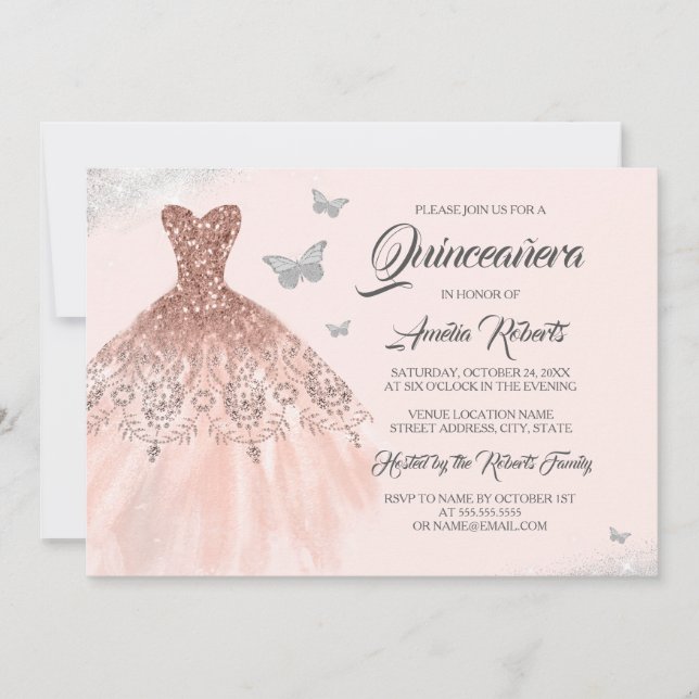 Gnistra Quinceanera för fjäril Ro Guld Inbjudningar (Framsida)