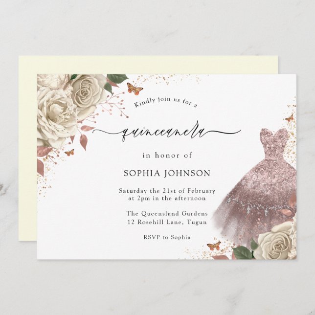 Gnistra Quinceanera i vit ros Ro Inbjudningar (Fram/baksida)