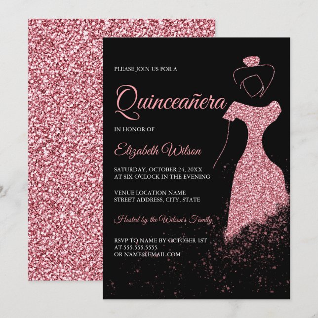 Gnistra Quinceanera (Svarta Ro Guld) Inbjudningar (Fram/baksida)