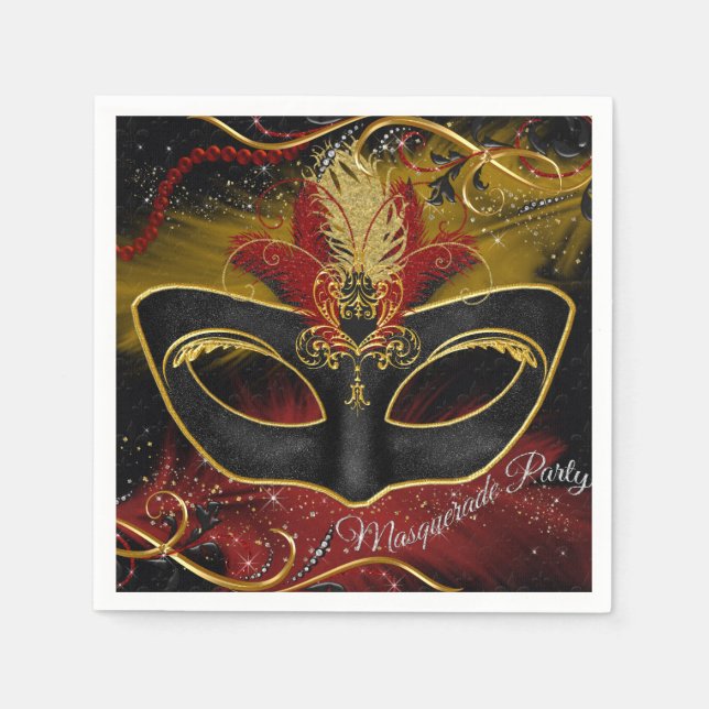 Gnistra Red & Guld Feather Mask Masquuppad Napkin Pappersservett (Framsidan)