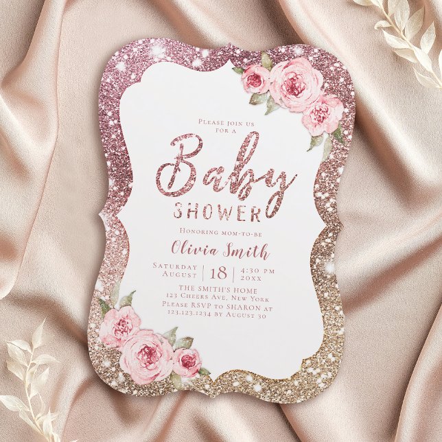 Gnistra ro glitter och blommigt babydusch för barn inbjudningar (Sparkle rose gold glitter and floral baby shower invitation)