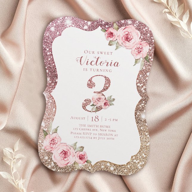 Gnistra ro glitter och blommigt guld och treårsdag inbjudningar (Sparkle rose gold glitter and floral 3rd birthday invitation)